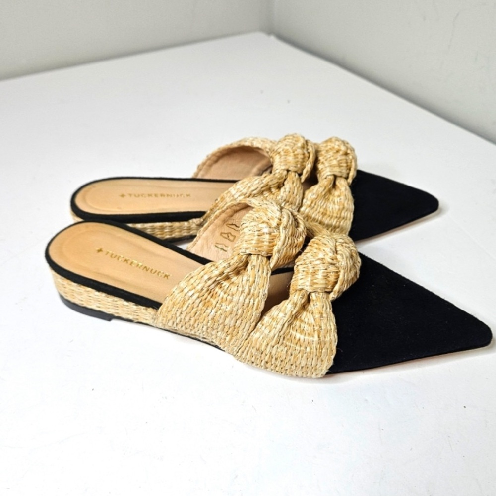 Tuckernuck Suede And Raffia Lucia Slides Black Tan Pointed Toe Flats Mules 7